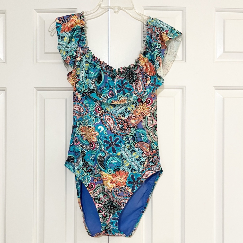 Bleu Rod Beattie Colorful Floral Paisley Ruffle Teal Blue One-Piece Swimsuit. 10 - Picture 6 of 14